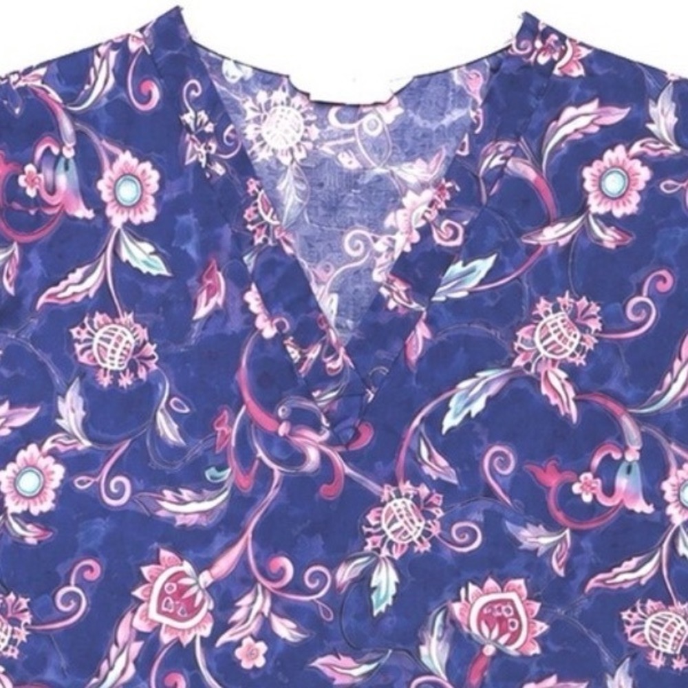 Peaches Uniforms Floral Scrub Top Purple Pink Nurse Medical Healthcare Size XL